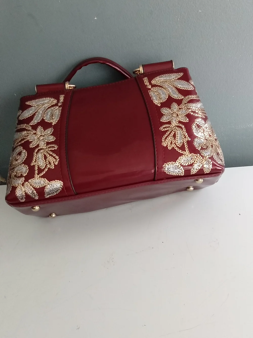 Red Patent Faux Leather Sequin Floral Embroidered Satchel Handbag Gold Hardware